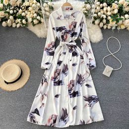 Neploe Holiday Bohemian Print Long Dress Women High Waist Hip Sashes Slim A Line Vestidos Turn Down Collar Long Sleeve Robe 210423