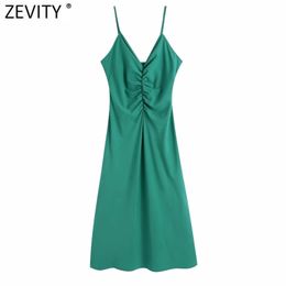Women Sexy Pleated Design V Neck Green Color Sling Dress Female Chic Backless Casual Slim Party Beach Vestido DS8274 210420