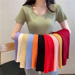 Spring and Summer O Neck Ice Silk Knit Short-sleeved T-shirt French Big Neckline Slim Stretch Top Women 210512