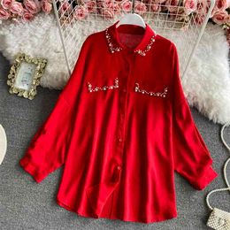Spring Solid Color Blouse Female Temperament Casual Beaded Lapel Blusa Loose Mid-length Shirt C658 210507