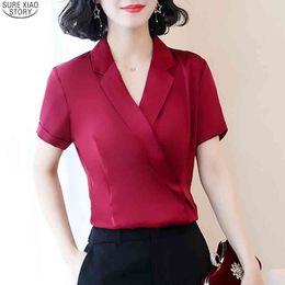 Female Blusas Mujer Summer Satin Womens Office Elegant Chiffon Shirt Plus Size Short-Sleeved Top Clothing 9925 210415