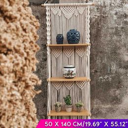 Macrame Wall Hanging Shelf 3 Tier Handmade Woven Tassel Wood Organizer Shelves Wall Floating Hanger for Home Decor 210609