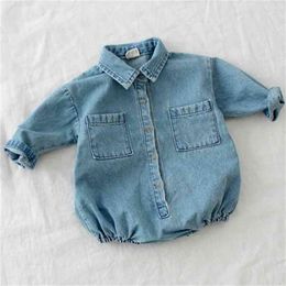 Autumn Baby Toddler Long Sleeve Lapel Collar Denim Jeans Rompers Kids Infant Jumpsuits Boys Girls Clothes Fashion 210816