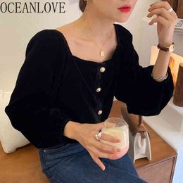 Square Neck Solid Women Blouses and Tops Buttons Puff Sleeve Velour Blusas Autumn Korean Shirts 18331 210415