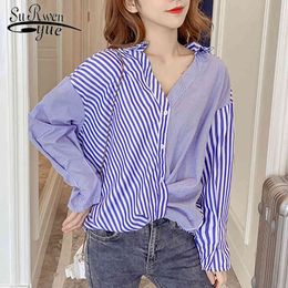 Autumn Women Shirts Button Womens Tops and Blouses Spliced Color Long Sleeve Stripe V-neck Leaky Collar Shirt 6408 50 210508