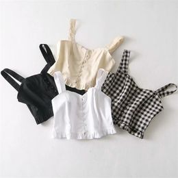 Sexy black white crop top women spaghetti strap Summer cropped plaid shirts s for streetwear 210521