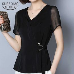 Women blouse and tops black shirts blouses plus size women ladies tops Sequined chiffon blouse Solid V-Neck 2882 50 210527