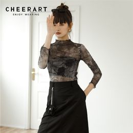 CHEERART Tulle Transparent Top Long Sleeve T Shirt Women Abstraction Print See Through Ladies Clothing 210623