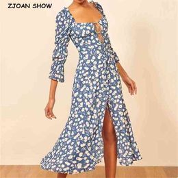 Retro Blue White Floral Print Lacing up 3/4 sleeve Mid Long Slit Dress Woman Vintage French Chiffon Split Dresses Holiday 210429