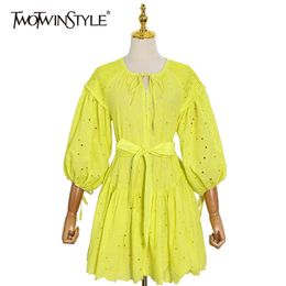 Loose Lace Up Dress For Women O Neck Short Sleeve High Waist Hollow Out Dresses Female Fashion Clothing Summer 210520
