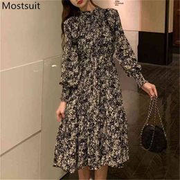 Vintage Korean Printed Dress Women Full Sleeve Stand Collar A-line Dresses Plus Size Elegant Streetwear Female Vestidos 210513