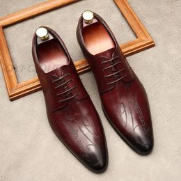 Genuine Cow Leather Brogue Wedding Shoes Mens Casual Dress Shoe Vintage Handmade Oxford Shoes For Men Black Wine Red Spring