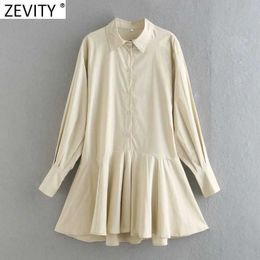 Zevity Women Fashion Solid Colour Lantern Sleeve Business Shirt Dress Female Hem Pleat Ruffles Irregular Mini Vestido DS4870 210603