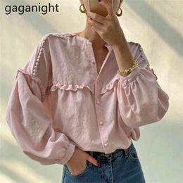 Sweet Women Solid Blouse Long Sleeve Single Breasted Loose Shirt Female Japan Style Blusas Girls Chic Drop 210601