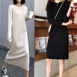 Women's Sweater Dress Casual O Neck Long Sleeve Mid Length Knitted Dress Autumn Female Black Loose Warm Sweater Dresses Vestidos 210412