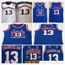 NCAA Harlem Globetrotters Wilt # 13 Chamberlain Maglia da basket blu cucita Kansas Jayhawks College Wilt Chamberlain Maglie bianche Camicie