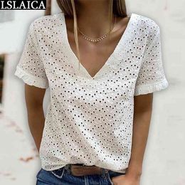 Women Blouses Summer Short Sleeve V Neck Sexy s Tops White Casual Office Party Streetwear Shirt Online Chinese Store 210520