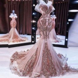 Dusty Pink Prom Dress Lace Up Back Sweep Train 2021 Mermaid Evening Gowns Sparkly Sequined Vestidos