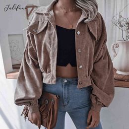 Coats And Jackets Women Loose Casual Black Ladies Corduroy Button Up Autumn Winter Cropped Short Clothes Outerwear Fashion 210415