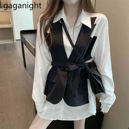 Spring Fashion Women White Shirt Office Casual Ladies Top Long Sleeve Shirts Solid Colour Blusas Fake Two Pieces 210601