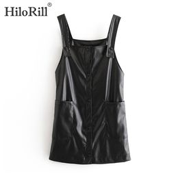 PU Faux Leather Black Dresses For Women Spaghetti Strap Mini Sleeveless Pockets Streetwear Casual 210508