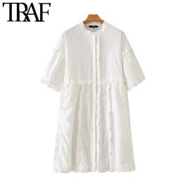 TRAF Women Chic Fashion Ruffles Loose Mini Dress Vintage O Neck Short Sleeve Female Dresses Vestidos Mujer 210415