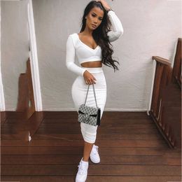 Asia Sexy Two Piece Set V-neck Long Sleeve Crop Top Long Skirt Set Party Clothing Sets Outfit Women Two Piece Outfits 210714