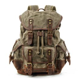 Backpack Waterproof Waxed Canvas Men Backpacks Leisure Rucksack Travel School Bag Laptop Bagpack Vintage Shoulder Bookbags