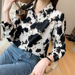 Vintage Blouse Women Leopard shirt Spring fashion Women's Shirt Long sleeve Female Loose Chiffon Shirts 502J 210420