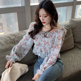 Autumn Chiffon Shirts 2020 New Floral Print Sweet Wild Blouse Slim-fit Ruched Pleated Ruffles Long Sleeves Women Tops X0521