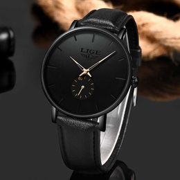 LIGE Watch Men Casual Leather Quartz Watches For Mens Simple Fashion Waterproof Wirstwatch Thin Clock Relogio Masculino 210527