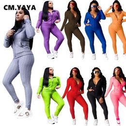 CM.YAYA Sports Jacquard Sweatsuit Women's Set Track Hooded Jacket Jogger Pants Active Tracksuit Two Piece Fitness Outfit 211105