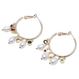 GuaiGuai Jewellery Natural White Rice Pearl Colourful CZ Crystal Gold Plated Big Circle Hoop Earrings Handmade For Women