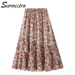 Summer Long Skirt Women Korean Style Chiffon Floral Ruffles Aesthetic High Waist Midi Pleated Female 210421