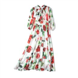 Summer Fashion Chiffon Bohemain Midi Dresses Women Three Quarter Sleeve Elegant Bow Belt Flower Print Long Dress Vestdios 210416