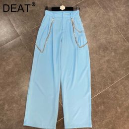 DEAT Women Black Chain Strap Beaded Straight Pants Arrivals Temperament Fashion Casual Spring Summer 11D1090 210709