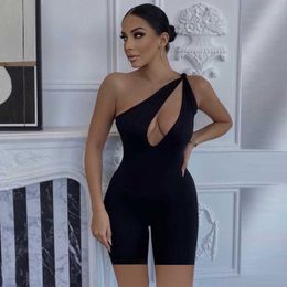 QuanRun Fashion Hollow Out Women One Shoulder Halter Jumpsuits Solid Bodycon Femmal Playsuits Short Pants Streetwear Spring 210604