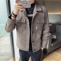 Fashion Winter Plaid Woollen Coat Men Steetwear Windbreaker Casual Slim Jackets Keep Warm Outwear Wool Jacket Erkekler Ceket 210527