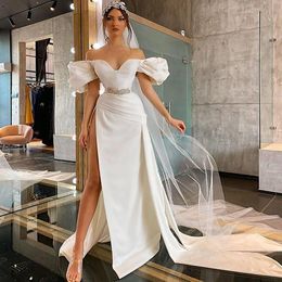 Puffy Sleeve Mermaid Boho Wedding Dress With Beaded Side High Slit Satin Beach Bridal Dresses 2021 African Bohemian Women Vestido Novia Robe De Mariée