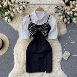 Women's Fashion Retro Chic Short Sleeve Shirt Tops + Bow less Package Hip Mini Dress Two Piece Suits S401 210527