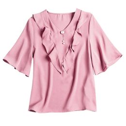 PERHAPS U Women Shirt Short Sleeve Summer V Neck Bluse Satin Ruch Ruffle Elegant Green Pink White Solid Office Lady B0620 210529
