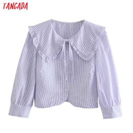 Women Retro Oversize Collar Striped Print Crop Short Sleeve Summer Chic Female Shirt Tops 4N54 210416