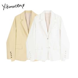 Yitimuceng Womens Blazer Solid White Yellow Loose Coats Office Lady Jacket Fall Winter Single Breasted Spring Fashion 210601