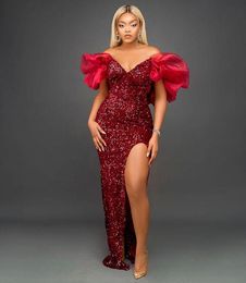 Plus Size Arabic Aso Ebi Burgundy Sexy Sheath Prom Dresses Sparkly Off Shoulder Sequined Floor Length Evening Formal Party Special Occasion Gowns Custom