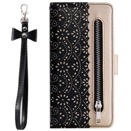 -Caso do iPhone 13 12 11 Pro Max Mini XS XR X Tampa da carteira para mulheres Couro sintético de renda com pulseira de arco fofa, bolsa feminina