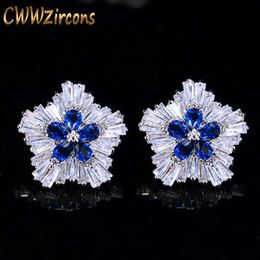 Trendy White Gold Colour Flower Shape Cubic Zirconia Big Summer Style Women Earrings with Blue Crystal Stones CZ330 210714