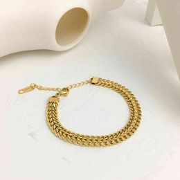Monlansher Minimalist Gold Color Flat Chain Bracelet Textured Titanium Steel Bracelets Fashion Street Style Jewelry for Women