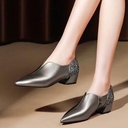 Spring Shoe Woman Mid Heels Women Pumps Pointed toe Thick Heel Female Single Shoes Sequince Soft PU LEATHER Black Silver