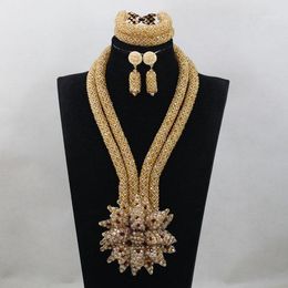 Earrings & Necklace Champagne Gold Crystal Bridal Women Jewellery Set African Beads QW1206