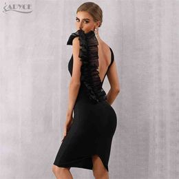 Adyce New Summer Black Bodycon Bandage Dress Women Sexy V-Neck Ruffles Mesh Backless Vestidos Celebrity Evening Party Dress 210409